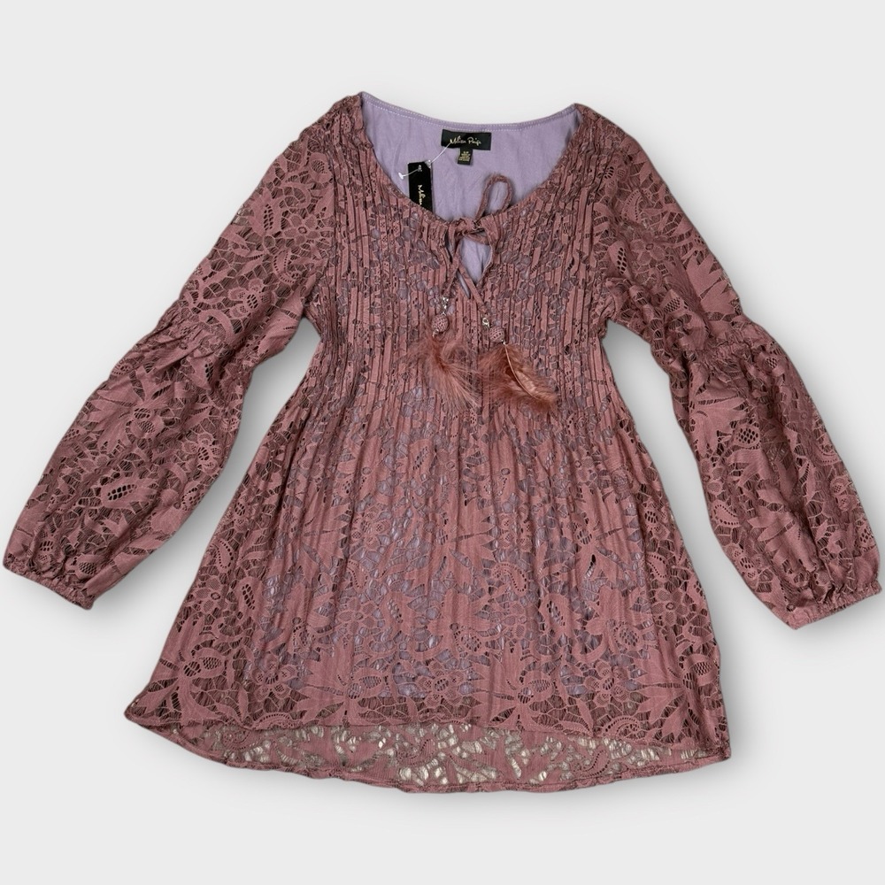 Melissa Paige Lace Tunic Top Nicomauve Pleated Feather Tie S RM35709